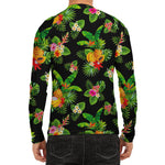 Black Tropical Hawaiian Pattern Print Men's Long Sleeve Rash Guard