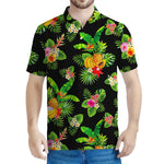 Black Tropical Hawaiian Pattern Print Men's Polo Shirt