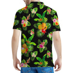 Black Tropical Hawaiian Pattern Print Men's Polo Shirt