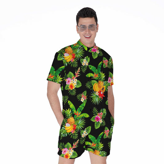 Black Tropical Hawaiian Pattern Print Men's Rompers