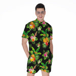Black Tropical Hawaiian Pattern Print Men's Rompers
