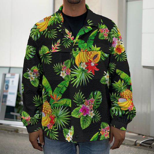 Black Tropical Hawaiian Pattern Print Men's Shirt Jacket