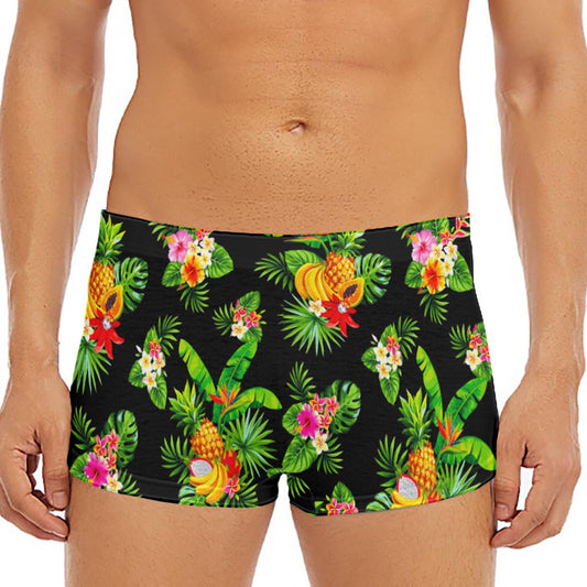 Black Tropical Hawaiian Pattern Print Men's Short Boxer Briefs