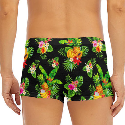 Black Tropical Hawaiian Pattern Print Men's Short Boxer Briefs