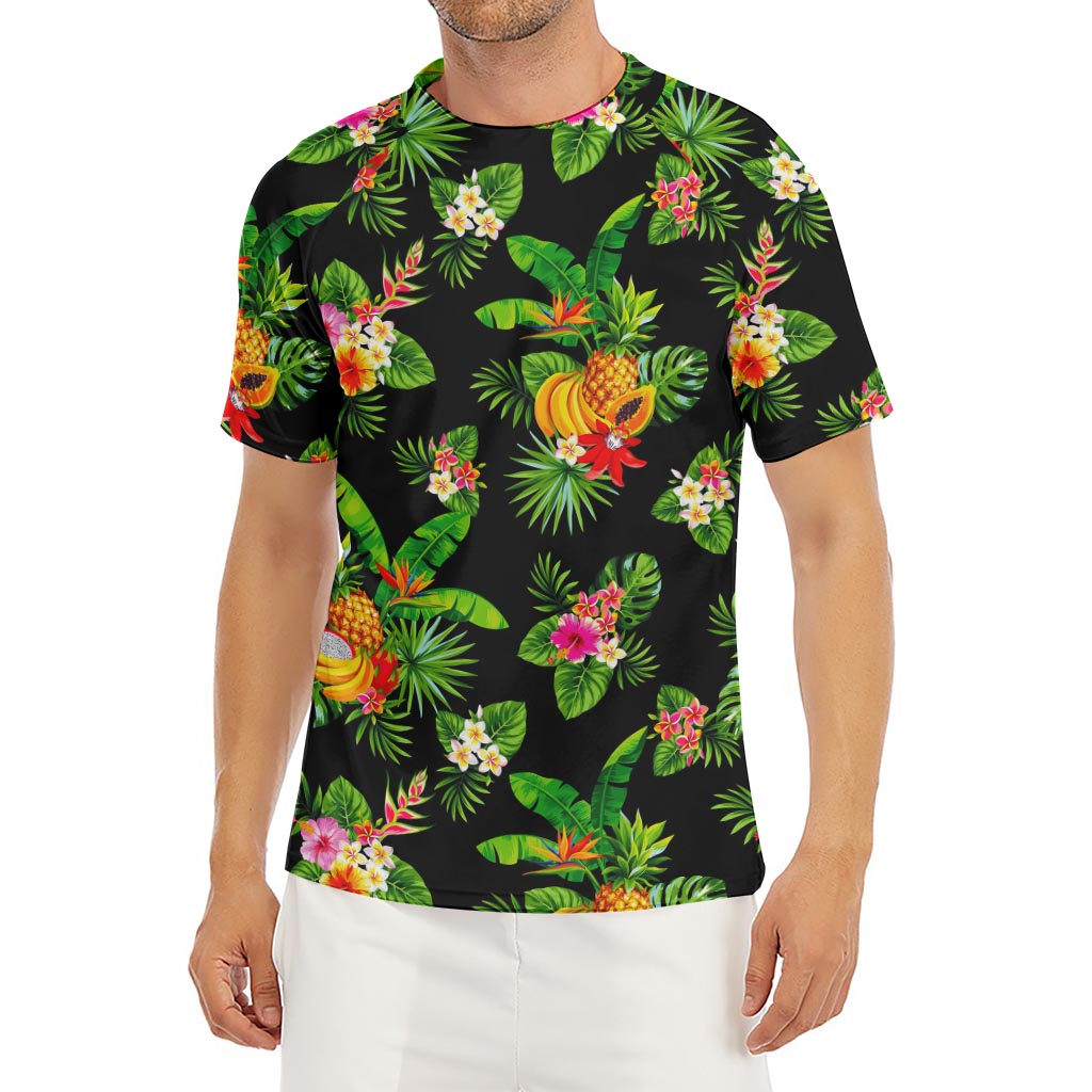 Black Tropical Hawaiian Pattern Print Men's Short Sleeve Rash Guard
