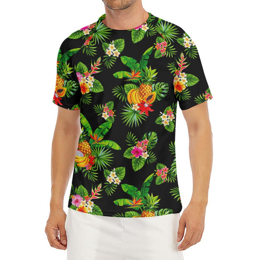 Black Tropical Hawaiian Pattern Print Men's Short Sleeve Rash Guard