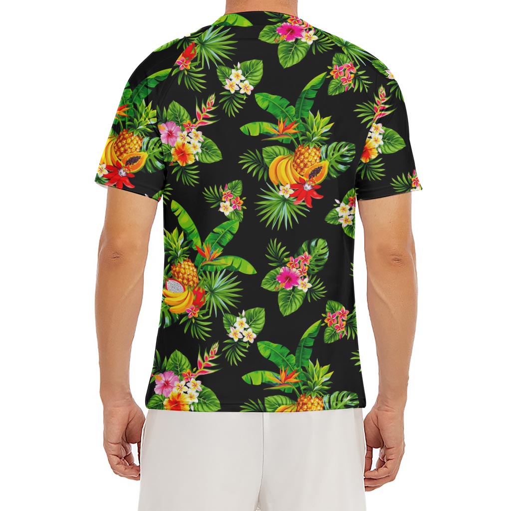 Black Tropical Hawaiian Pattern Print Men's Short Sleeve Rash Guard