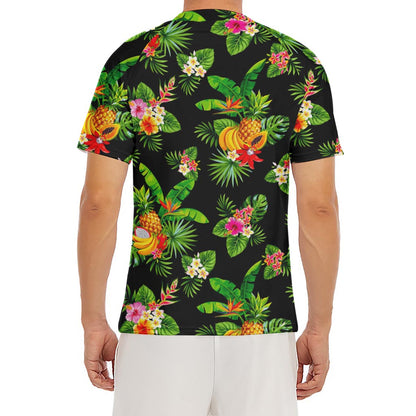 Black Tropical Hawaiian Pattern Print Men's Short Sleeve Rash Guard