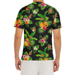 Black Tropical Hawaiian Pattern Print Men's Short Sleeve Rash Guard