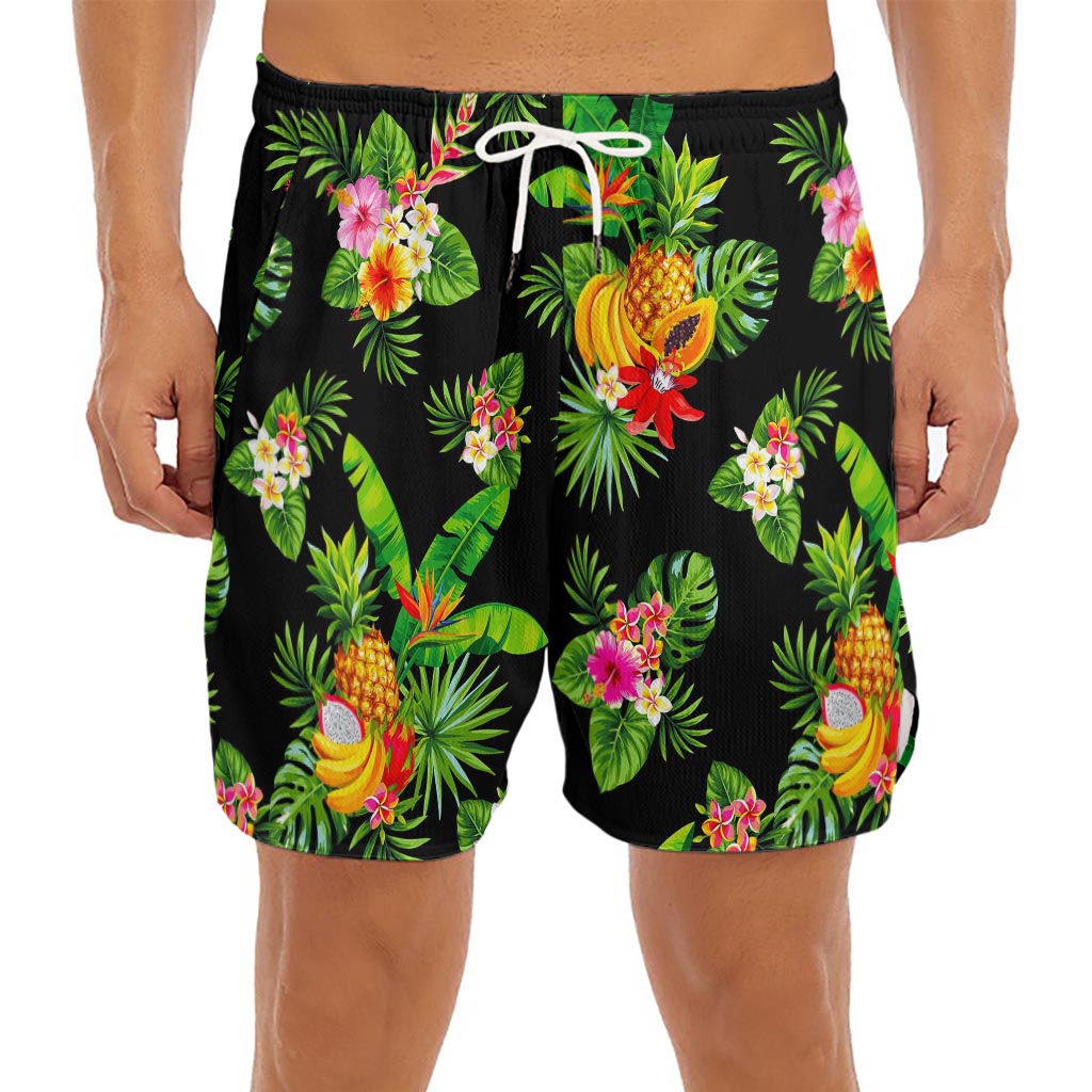Black Tropical Hawaiian Pattern Print Men's Split Running Shorts