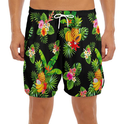 Black Tropical Hawaiian Pattern Print Men's Split Running Shorts