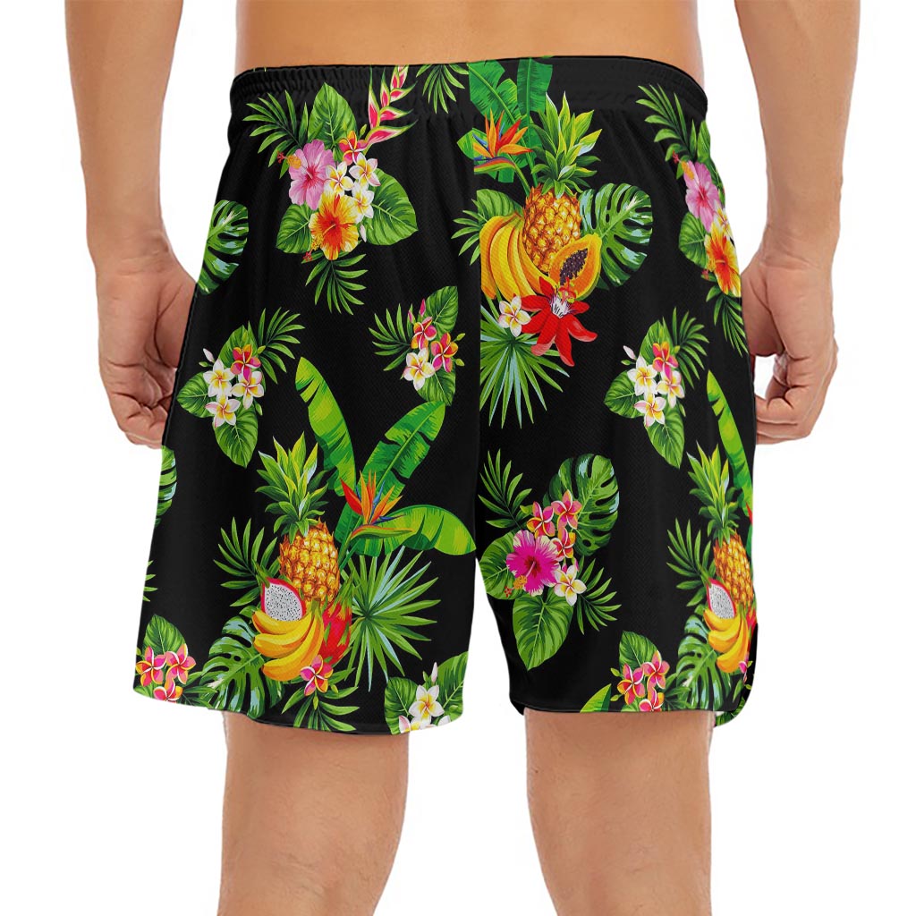 Black Tropical Hawaiian Pattern Print Men's Split Running Shorts