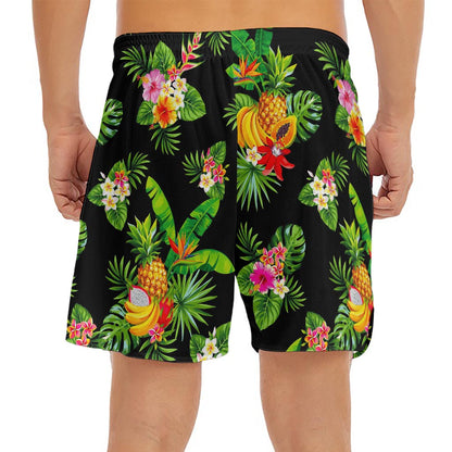 Black Tropical Hawaiian Pattern Print Men's Split Running Shorts