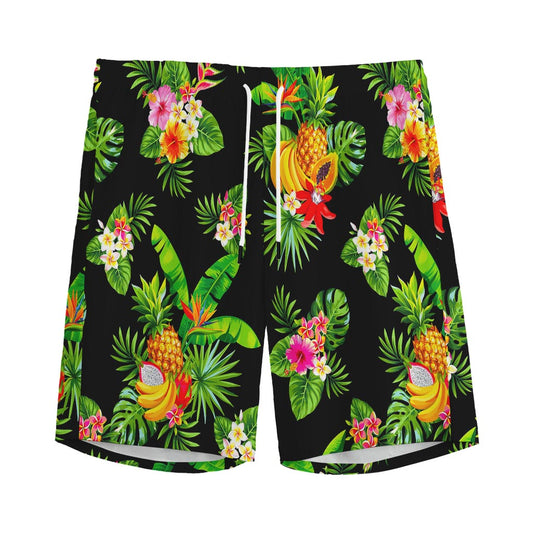 Black Tropical Hawaiian Pattern Print Men's Sports Shorts