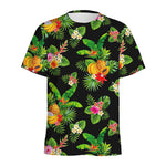 Black Tropical Hawaiian Pattern Print Men's Sports T-Shirt