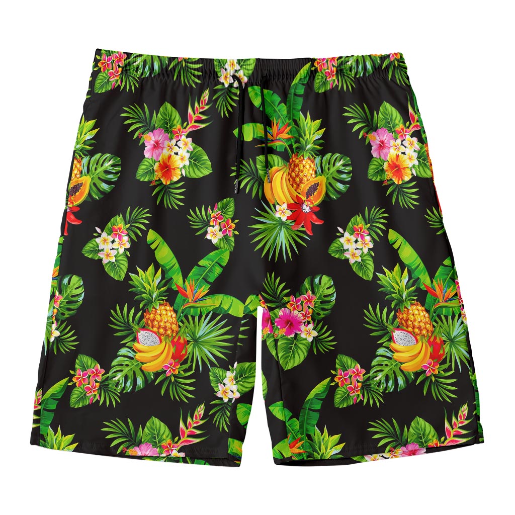 Black Tropical Hawaiian Pattern Print Men's Swim Trunks