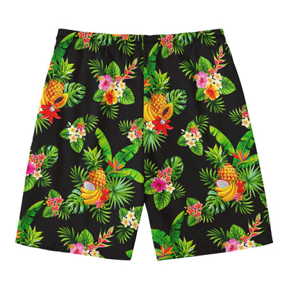 Black Tropical Hawaiian Pattern Print Men's Swim Trunks