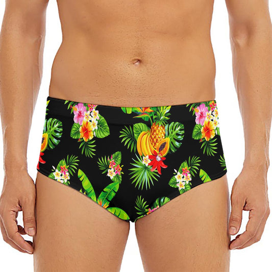 Black Tropical Hawaiian Pattern Print Men's Triangle Swim Briefs