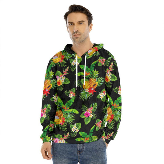 Black Tropical Hawaiian Pattern Print Men's Velvet Pullover Hoodie
