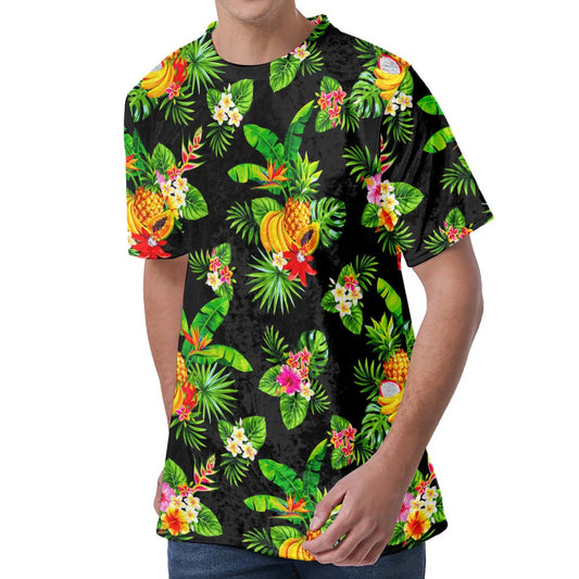 Black Tropical Hawaiian Pattern Print Men's Velvet T-Shirt