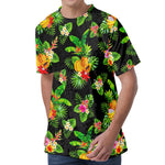 Black Tropical Hawaiian Pattern Print Men's Velvet T-Shirt