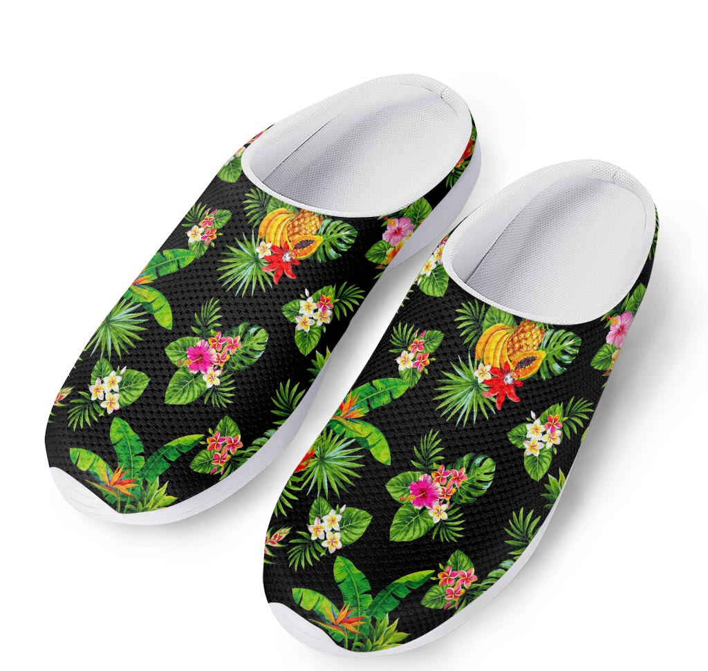 Black Tropical Hawaiian Pattern Print Mesh Casual Shoes