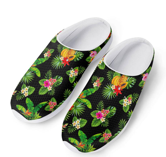 Black Tropical Hawaiian Pattern Print Mesh Casual Shoes