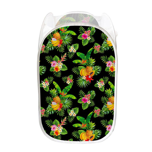 Black Tropical Hawaiian Pattern Print Mesh Laundry Hamper