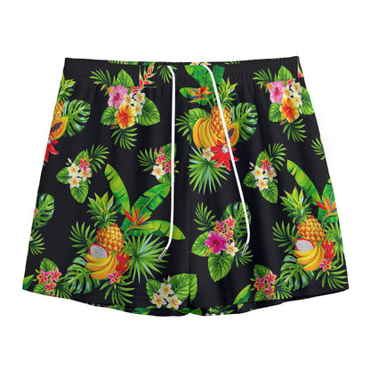 Black Tropical Hawaiian Pattern Print Mesh Shorts