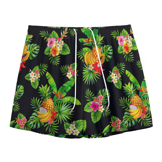 Black Tropical Hawaiian Pattern Print Mesh Shorts