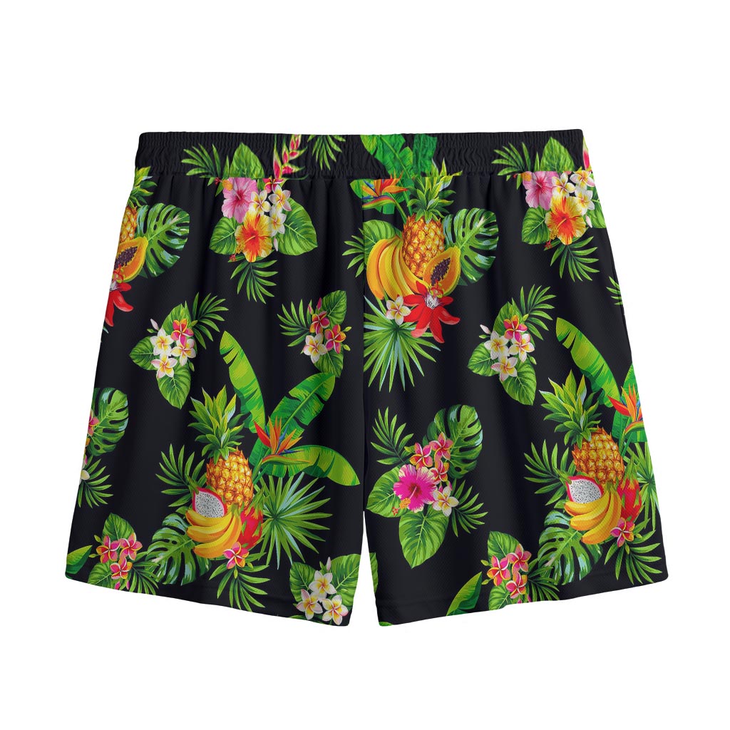 Black Tropical Hawaiian Pattern Print Mesh Shorts