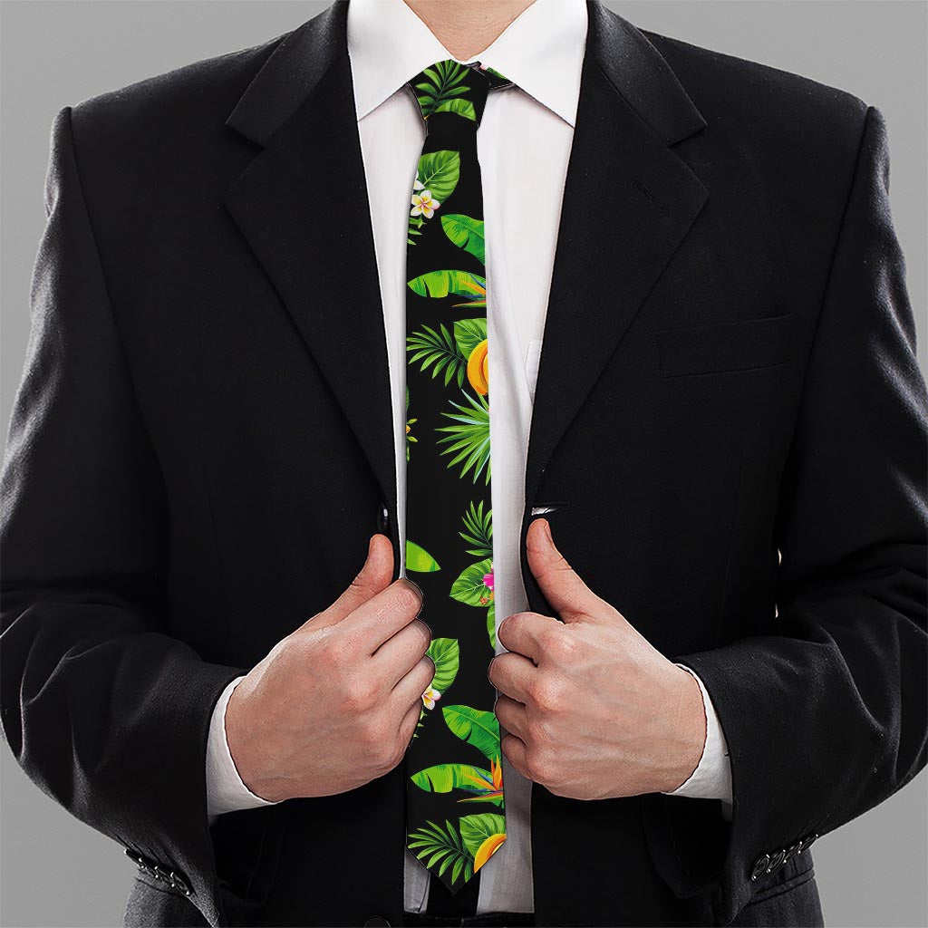 Black Tropical Hawaiian Pattern Print Necktie