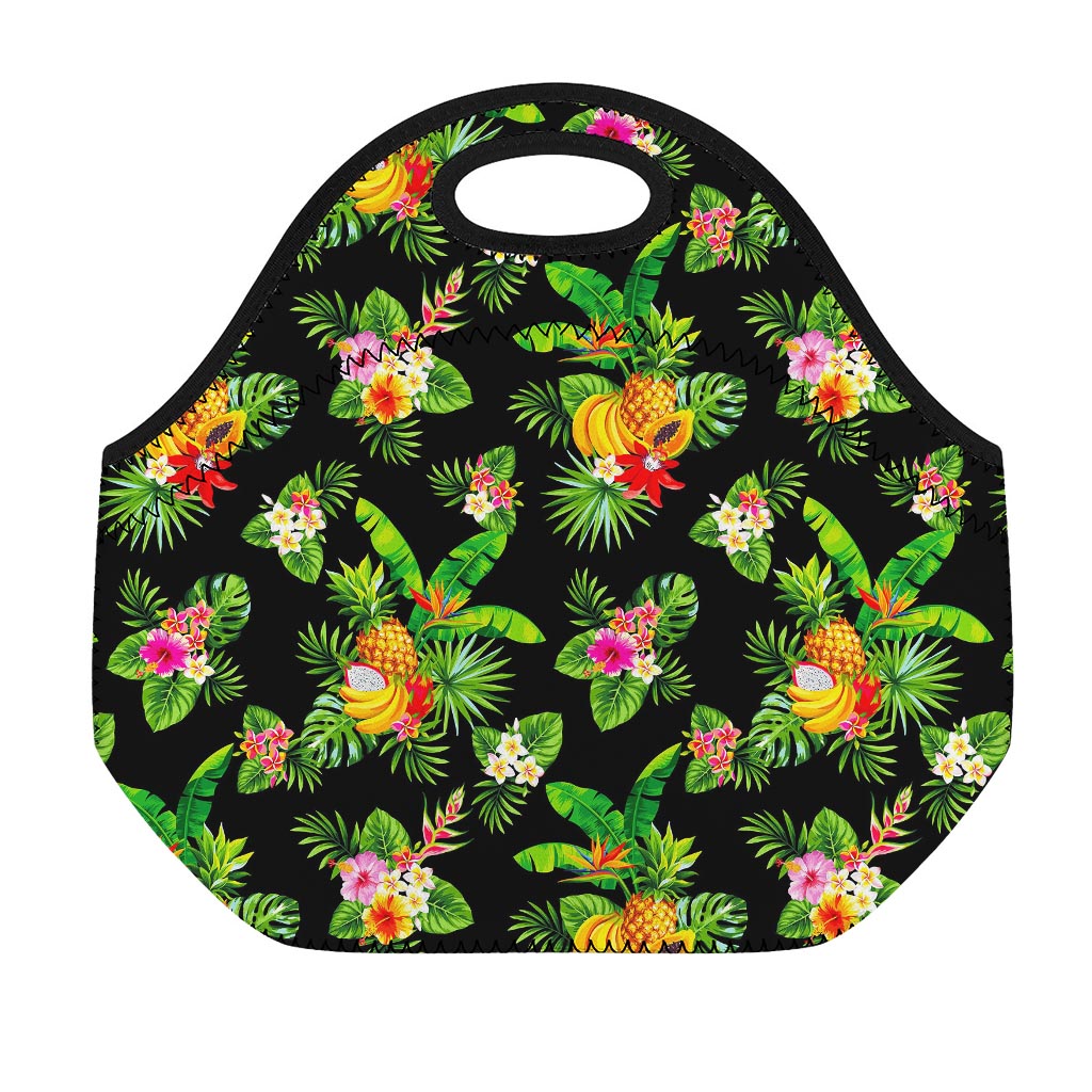 Black Tropical Hawaiian Pattern Print Neoprene Lunch Bag