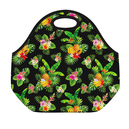 Black Tropical Hawaiian Pattern Print Neoprene Lunch Bag