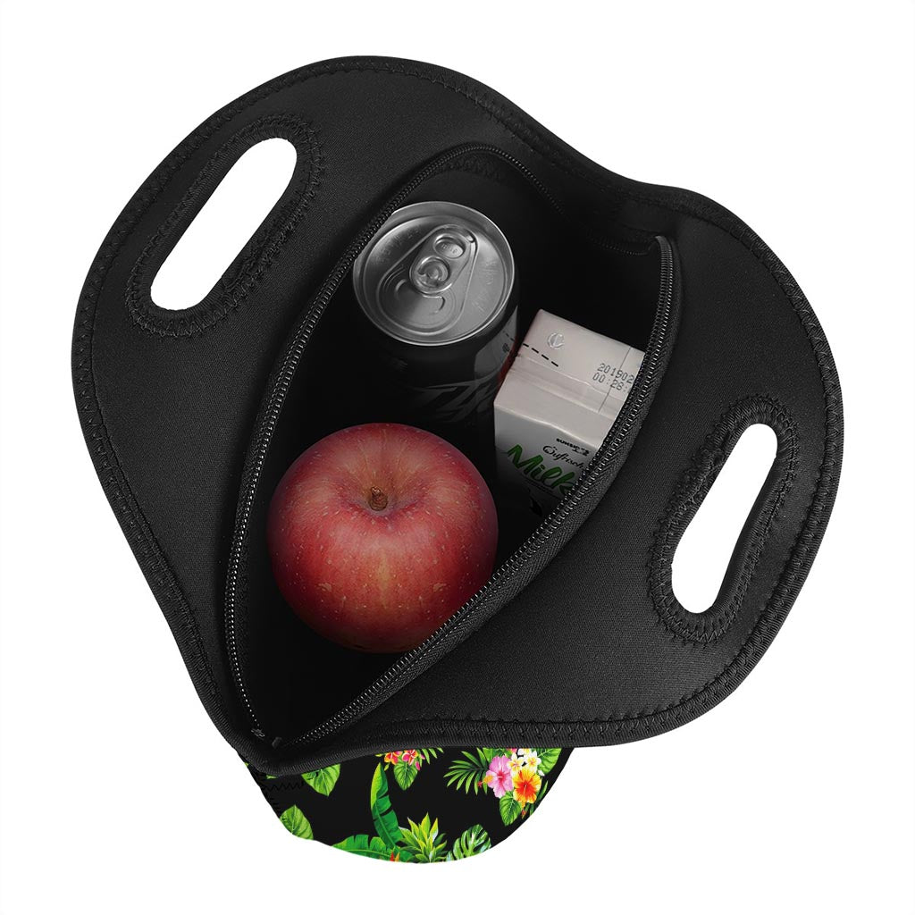 Black Tropical Hawaiian Pattern Print Neoprene Lunch Bag