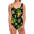 Black Tropical Hawaiian Pattern Print One Piece Swimsuit