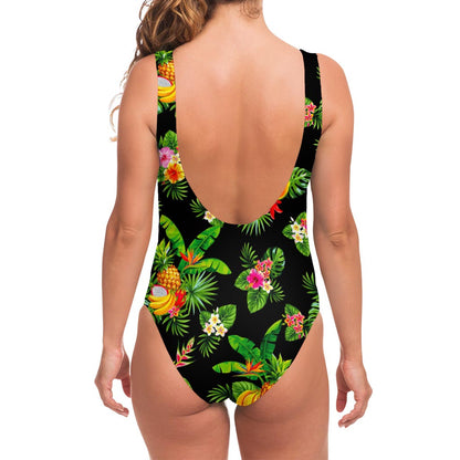 Black Tropical Hawaiian Pattern Print One Piece Swimsuit