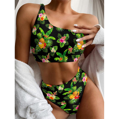 Black Tropical Hawaiian Pattern Print One Shoulder Bikini Top