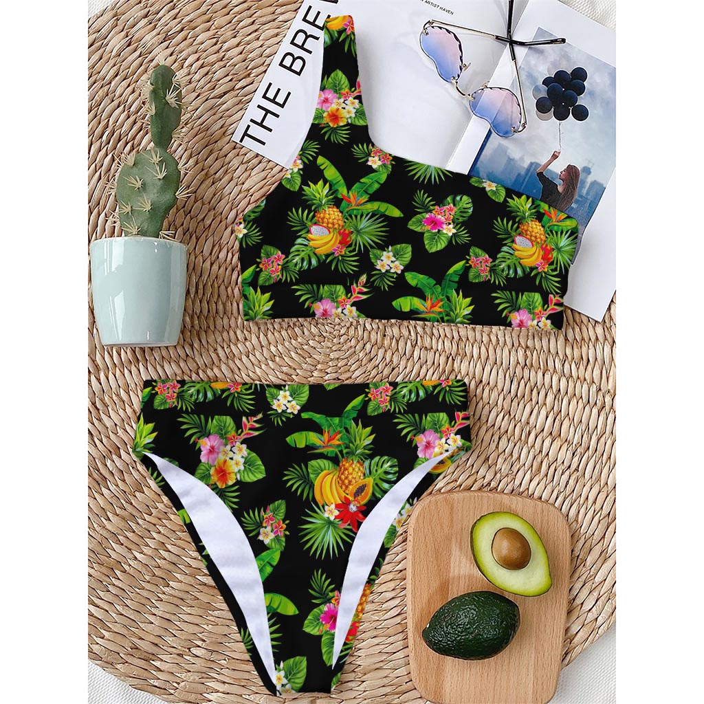 Black Tropical Hawaiian Pattern Print One Shoulder Bikini Top