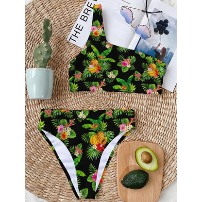 Black Tropical Hawaiian Pattern Print One Shoulder Bikini Top