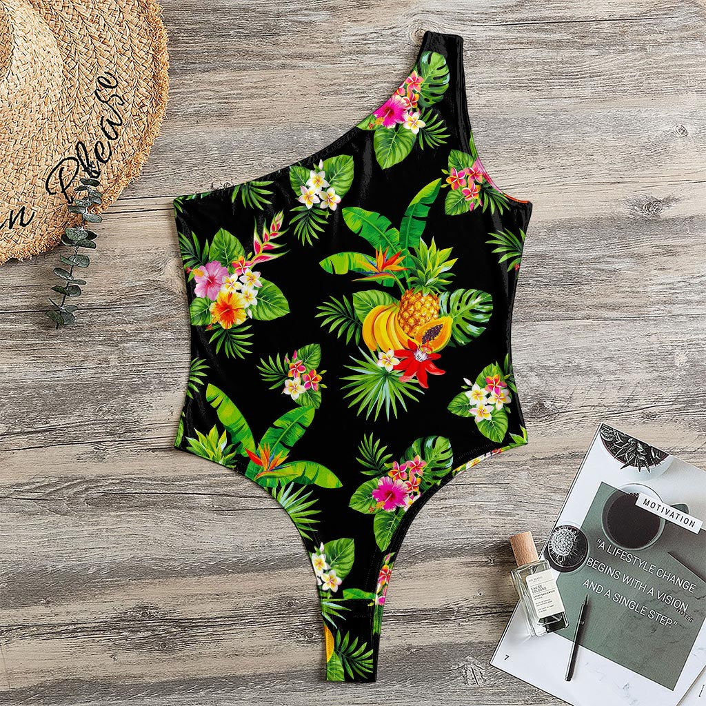 Black Tropical Hawaiian Pattern Print One Shoulder Bodysuit