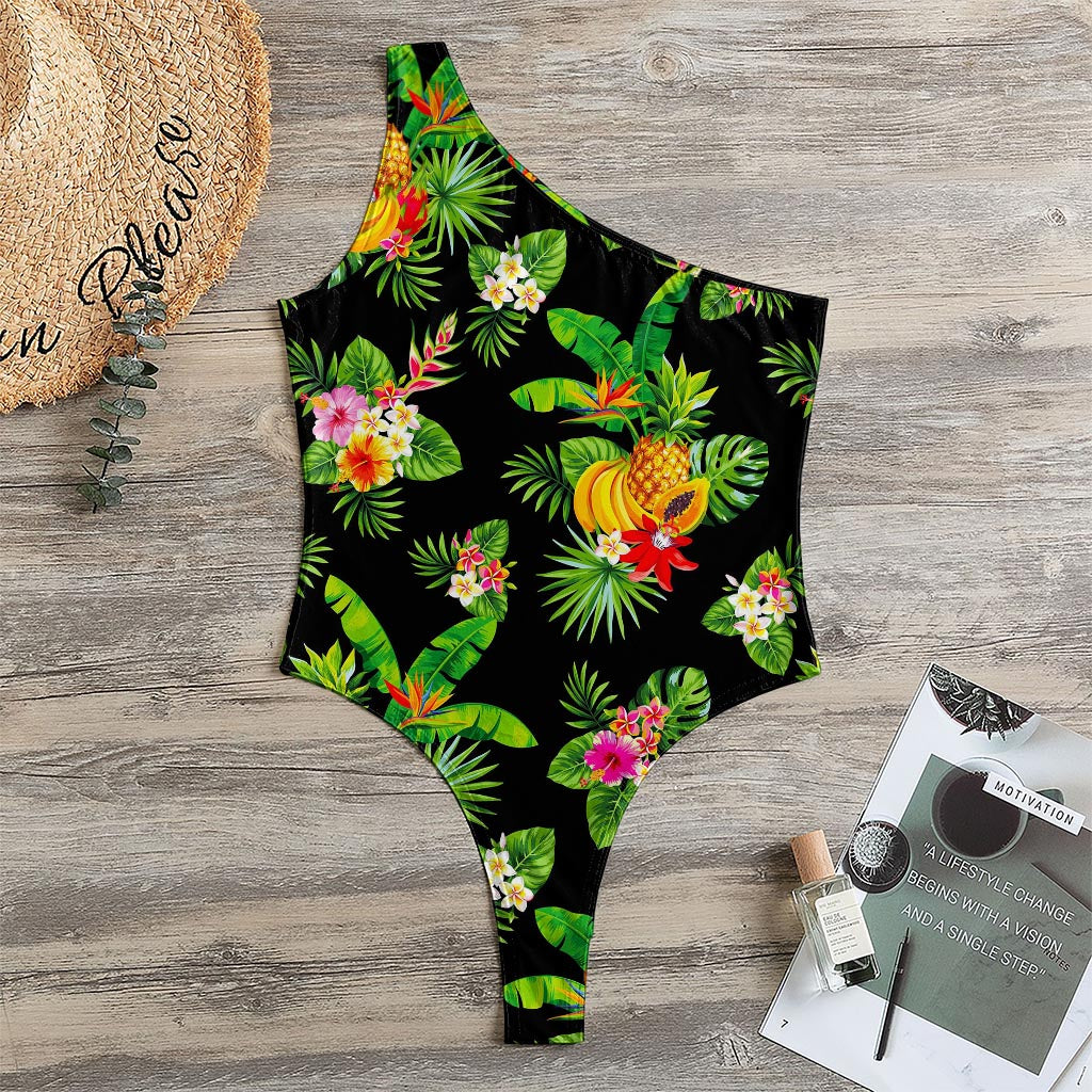 Black Tropical Hawaiian Pattern Print One Shoulder Bodysuit