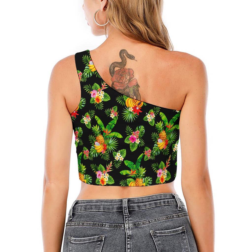 Black Tropical Hawaiian Pattern Print One Shoulder Crop Top