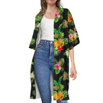 Black Tropical Hawaiian Pattern Print Open Front Beach Cover Up
