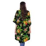 Black Tropical Hawaiian Pattern Print Open Front Beach Cover Up