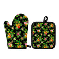 Black Tropical Hawaiian Pattern Print Oven Mitt And Pot Holder Set