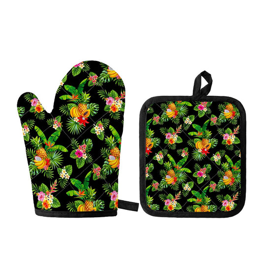 Black Tropical Hawaiian Pattern Print Oven Mitt And Pot Holder Set