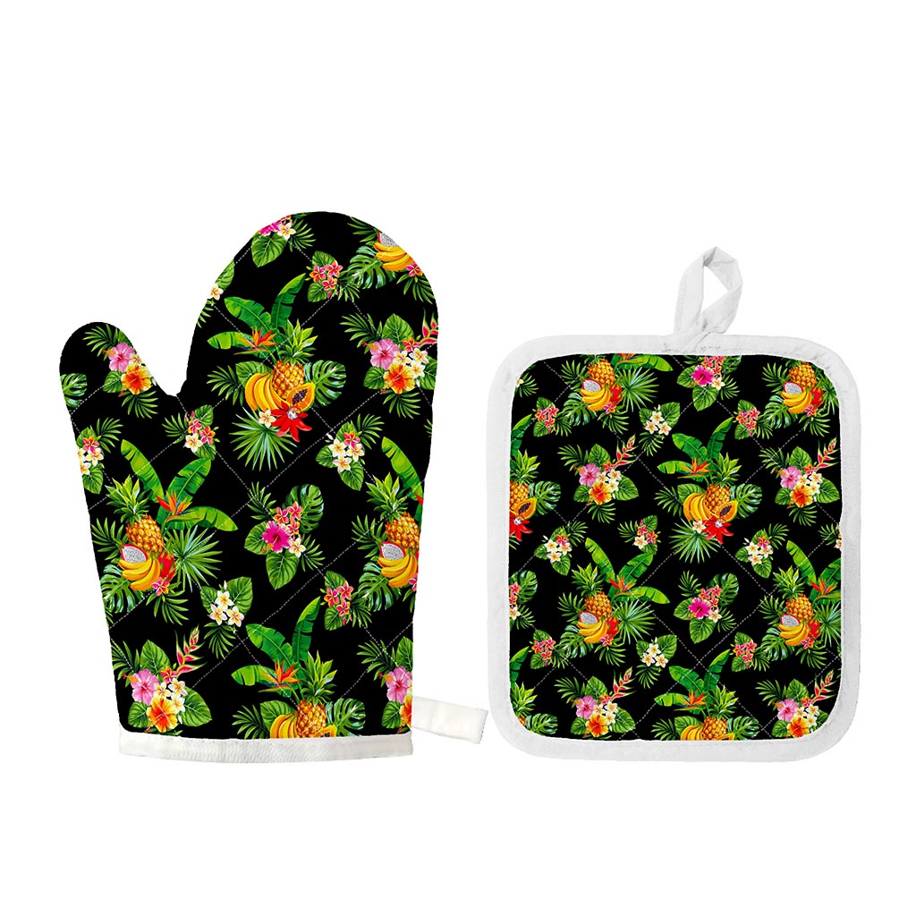 Black Tropical Hawaiian Pattern Print Oven Mitt And Pot Holder Set