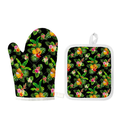 Black Tropical Hawaiian Pattern Print Oven Mitt And Pot Holder Set