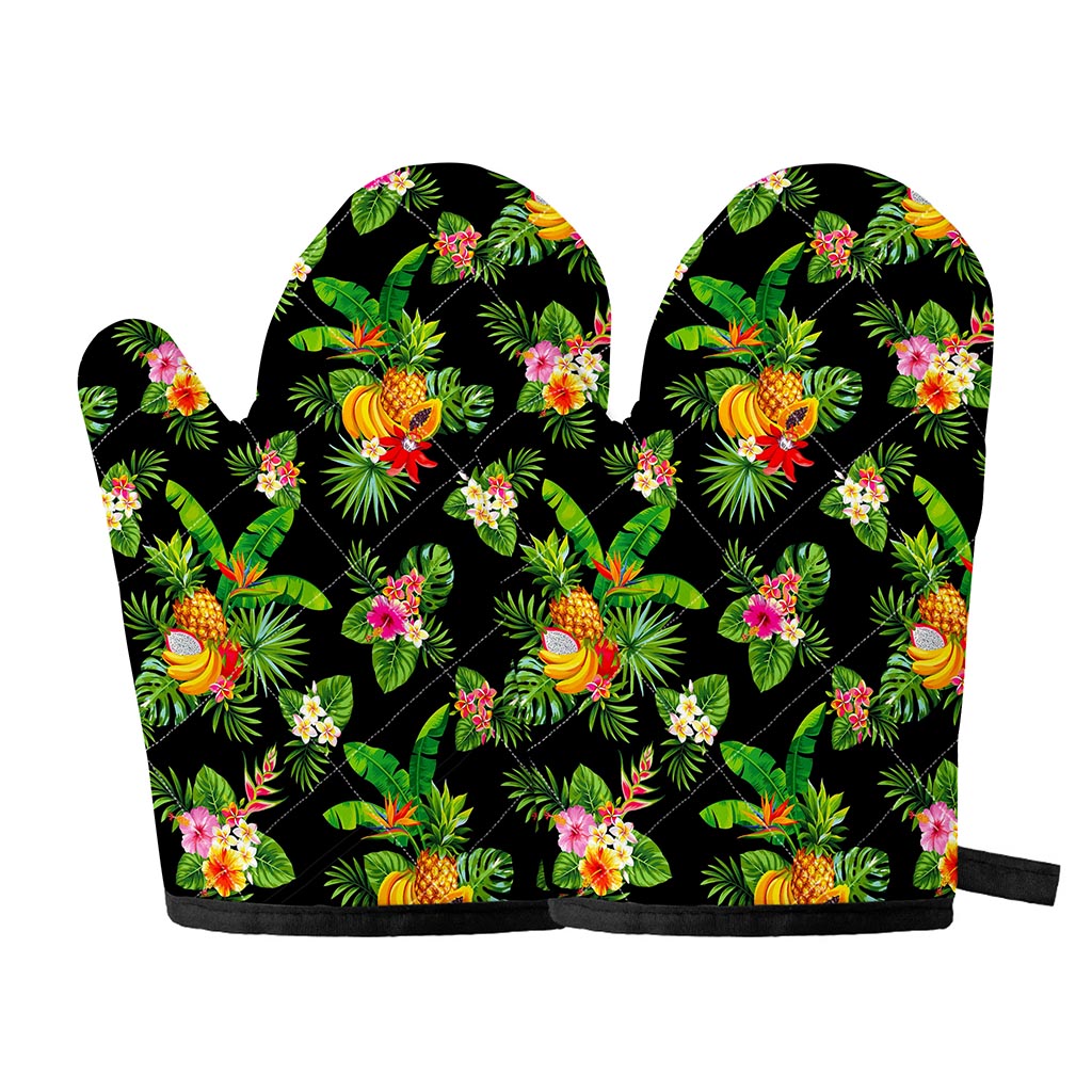Black Tropical Hawaiian Pattern Print Oven Mitts